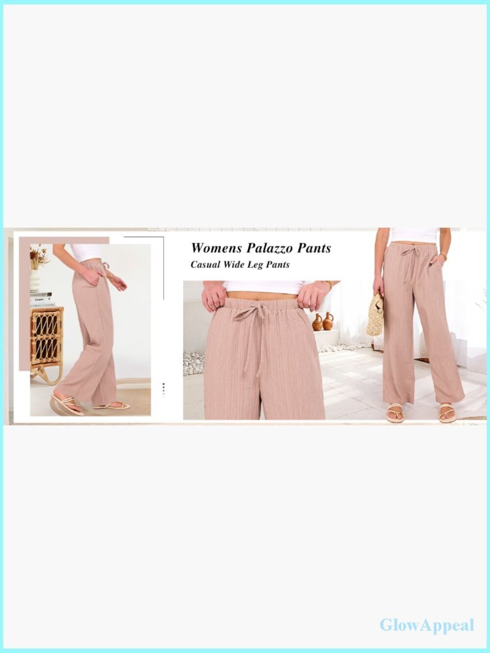 Wide Leg Beach Pants Elastic Waist Flowy Palazzo Trousers with Pockets - Picture 7 of 7